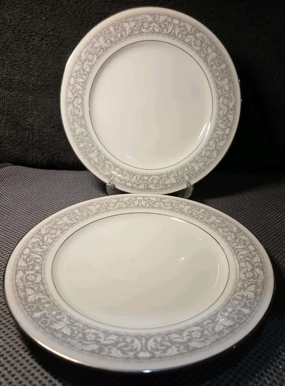 Noritake China Set Naples 6975 Set Of 2 Salad Plates Gray & White Floral Border